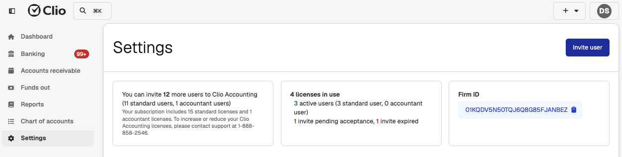 Screenshot showing Firm ID location in Clio Accounting settings