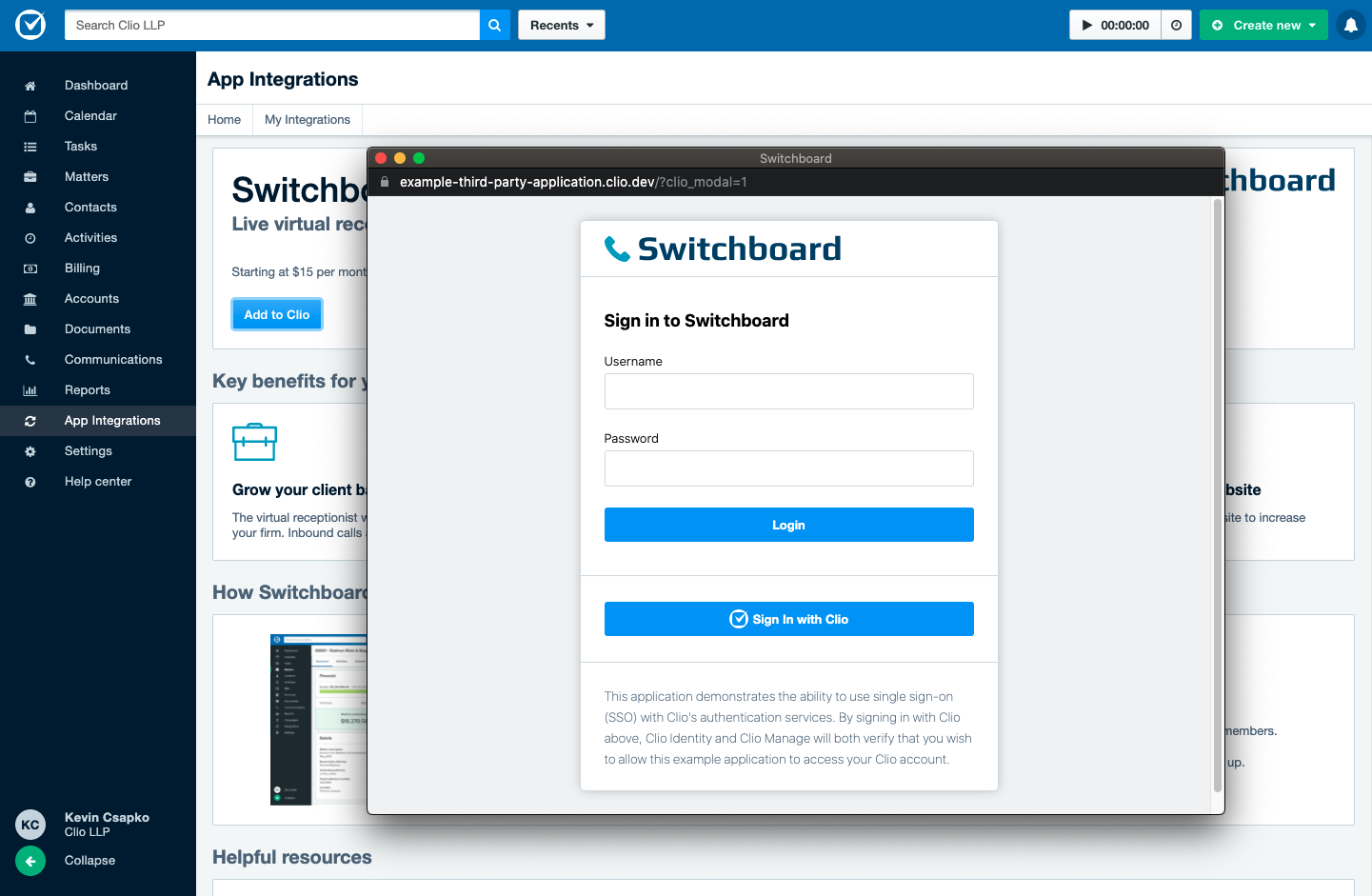 An example login page where a user would land if they clicked “Add to Clio” for a new integration.